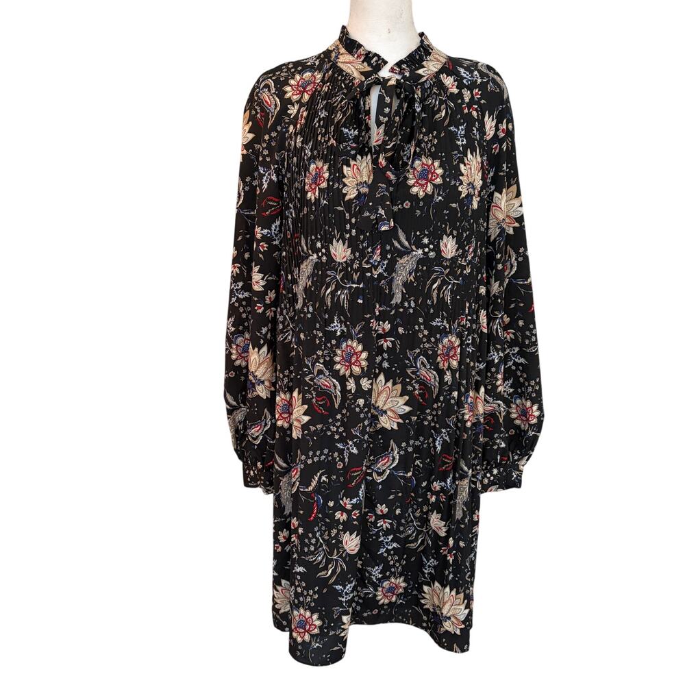 Mika & Gali Black Floral Pleated Long Sleeve Shirt Dress Womens Size Large